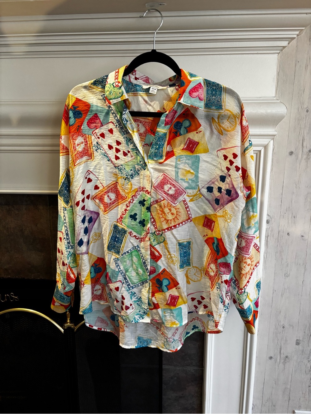 Casual Button-Down Shirt with Colorful Playing Card Print - White Multi